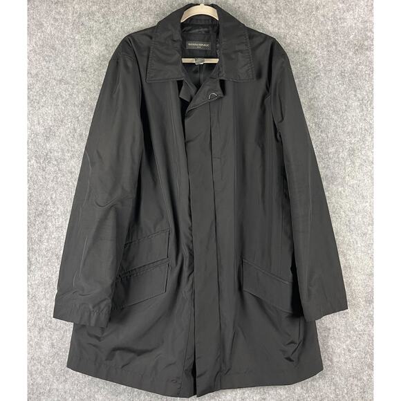 Vintage Banana Republic Factory Trench Coat Mens Large Black Water Resistant - Picture 1 of 16